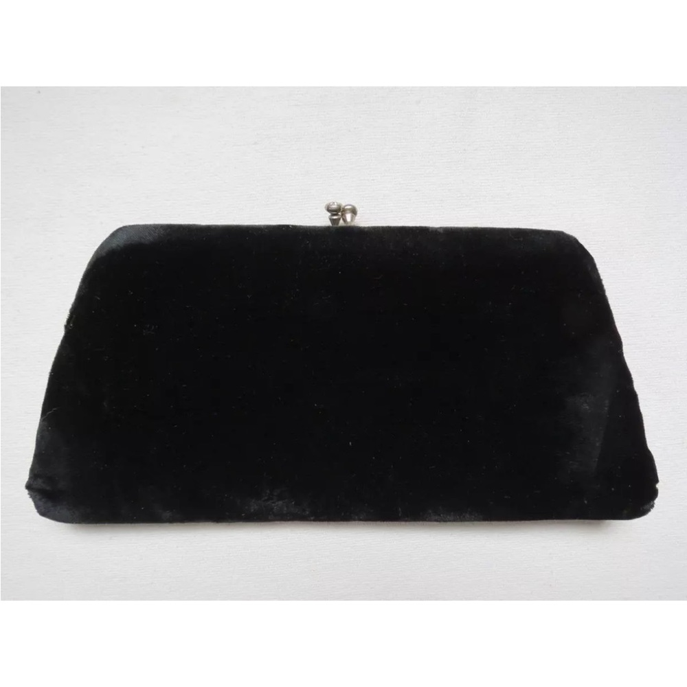 Vintage Little Black Velvet Clutch with Rhinestone clasp / gold lining pocket